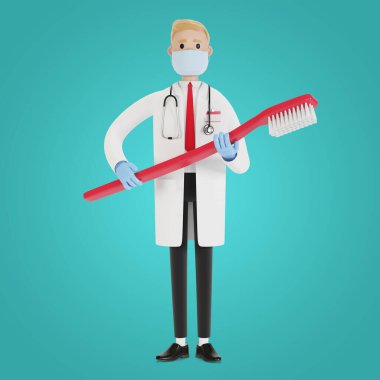Elinde büyük bir diş fırçası olan bir dişçi. Diş tedavisi ve ağız hijyeni. Çizgi film tarzında 3B illüstrasyon.