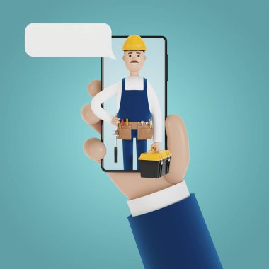 Akıllı telefon ekranından gelen arama. Bir saatliğine kocayım. Elektrikçi, tesisatçı, marangoz, ustabaşını işe çağırıyor. Çizgi film tarzında 3B illüstrasyon.