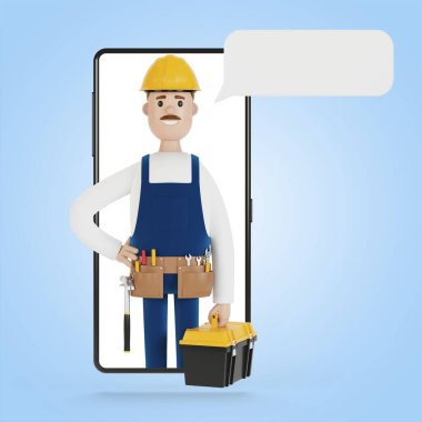 Büyücüyle akıllı telefon ekranı. Bir saatliğine kocayım. Elektrikçi, tesisatçı, marangoz, ustabaşını işe çağırıyor. Çizgi film tarzında 3B illüstrasyon.