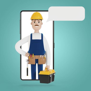 Büyücüyle akıllı telefon ekranı. Bir saatliğine kocayım. Elektrikçi, tesisatçı, marangoz, ustabaşını işe çağırıyor. Çizgi film tarzında 3B illüstrasyon.