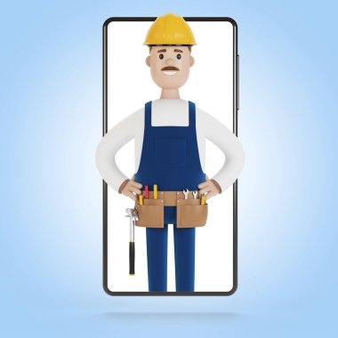 Büyücüyle akıllı telefon ekranı. Bir saatliğine kocayım. Elektrikçi, tesisatçı, marangoz, ustabaşını işe çağırıyor. Çizgi film tarzında 3B illüstrasyon.