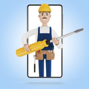 Akıllı telefon ekranında büyük bir tornavidayla elektrik üreticisi. Bir saatliğine kocayım. Elektrikçi, tesisatçı, marangoz, ustabaşını işe çağırıyor. Çizgi film tarzında 3B illüstrasyon.