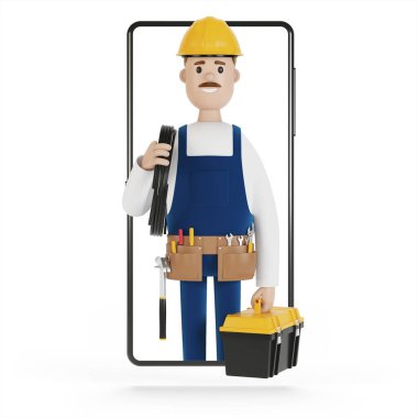 Akıllı telefon ekranındaki elektrikçi. Bir saatliğine kocayım. Elektrikçi, tesisatçı, marangoz, ustabaşını işe çağırıyor. Çizgi film tarzında 3B illüstrasyon.
