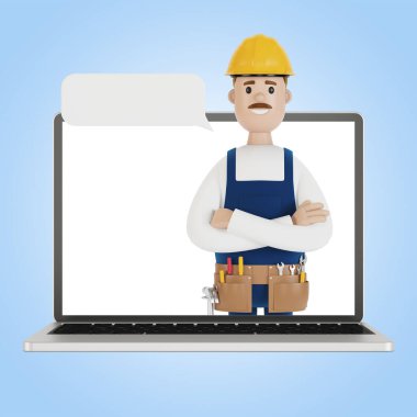 Sihirbazlı dizüstü bilgisayar ekranı. Bir saatliğine kocayım. Elektrikçi, tesisatçı, marangoz ustabaşını işe çağırıyor. Çizgi film tarzında 3B illüstrasyon.