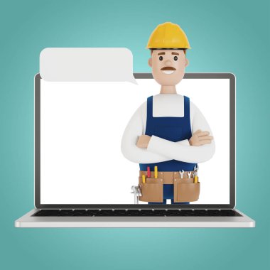 Sihirbazlı dizüstü bilgisayar ekranı. Bir saatliğine kocayım. Elektrikçi, tesisatçı, marangoz ustabaşını işe çağırıyor. Çizgi film tarzında 3B illüstrasyon.