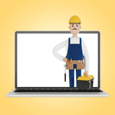 Sihirbazlı dizüstü bilgisayar ekranı. Bir saatliğine kocayım. Elektrikçi, tesisatçı, marangoz ustabaşını işe çağırıyor. Çizgi film tarzında 3B illüstrasyon.