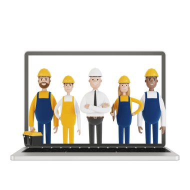 Dizüstü bilgisayar ekranında bir grup inşaatçı var. Bir saatliğine kocayım. Elektrikçi, tesisatçı, marangoz ustabaşını işe çağırıyor. Çizgi film tarzında 3B illüstrasyon.