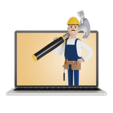 Bilgisayarında büyük bir çekiç olan tamirci. Bir saatliğine kocayım. Elektrikçi, tesisatçı, marangoz ustabaşını işe çağırıyor. Çizgi film tarzında 3B illüstrasyon.