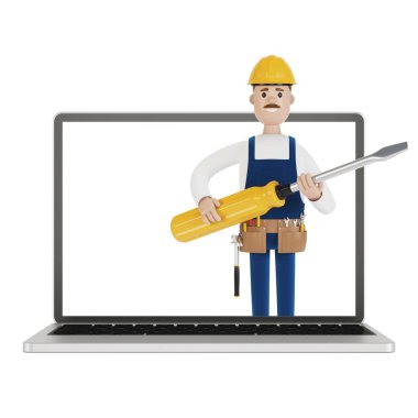 Dizüstü bilgisayarında büyük bir tornavida olan elektrikçi. Bir saatliğine kocayım. Elektrikçi, tesisatçı, marangoz ustabaşını işe çağırıyor. Çizgi film tarzında 3B illüstrasyon.