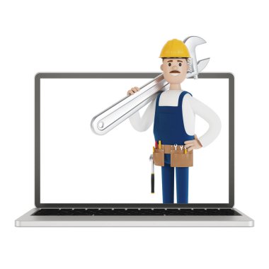 Laptop ekranında büyük bir ingiliz anahtarı olan bir tesisatçı. Bir saatliğine kocayım. Elektrikçi, tesisatçı, marangoz ustabaşını işe çağırıyor. Çizgi film tarzında 3B illüstrasyon.