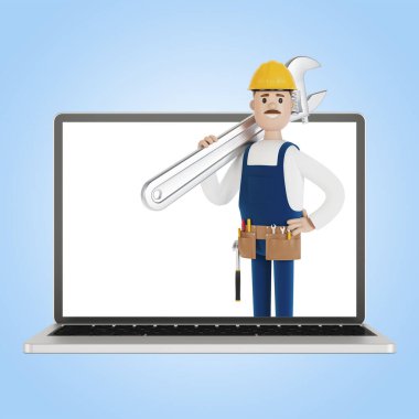 Laptop ekranında büyük bir ingiliz anahtarı olan bir tesisatçı. Bir saatliğine kocayım. Elektrikçi, tesisatçı, marangoz ustabaşını işe çağırıyor. Çizgi film tarzında 3B illüstrasyon.