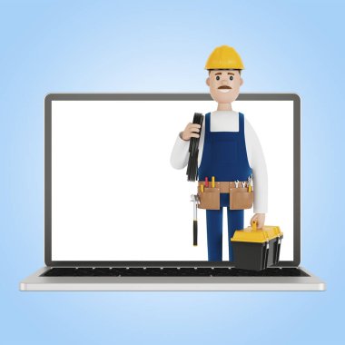 Dizüstü bilgisayar ekranında elektrikçi var. Bir saatliğine kocayım. Elektrikçi, tesisatçı, marangoz ustabaşını işe çağırıyor. Çizgi film tarzında 3B illüstrasyon.