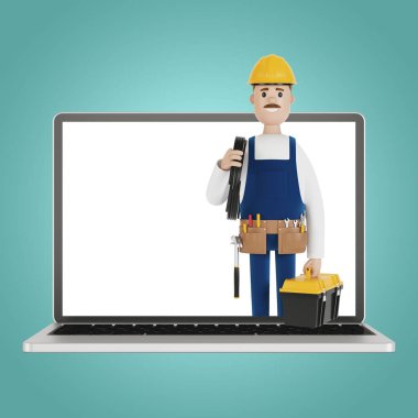 Dizüstü bilgisayar ekranında elektrikçi var. Bir saatliğine kocayım. Elektrikçi, tesisatçı, marangoz ustabaşını işe çağırıyor. Çizgi film tarzında 3B illüstrasyon.