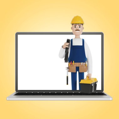 Dizüstü bilgisayar ekranında elektrikçi var. Bir saatliğine kocayım. Elektrikçi, tesisatçı, marangoz ustabaşını işe çağırıyor. Çizgi film tarzında 3B illüstrasyon.