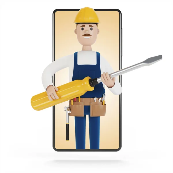 Electrician builder with a big screwdriver in the smartphone screen. Husband for an hour. Electrician, plumber, carpenter, calling the foreman to work. 3D illustration in cartoon style.