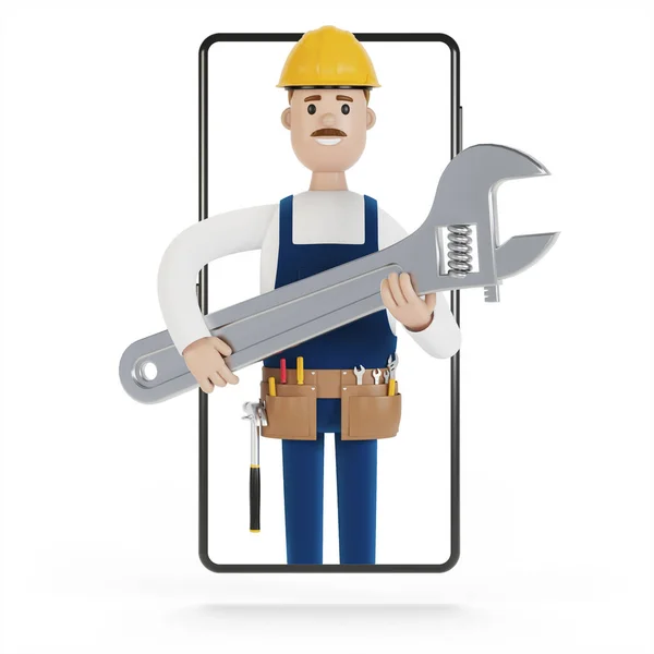 Plumber builder with big wrench in smartphone screen. Husband for an hour. Electrician, plumber, carpenter, calling the foreman to work. 3D illustration in cartoon style.