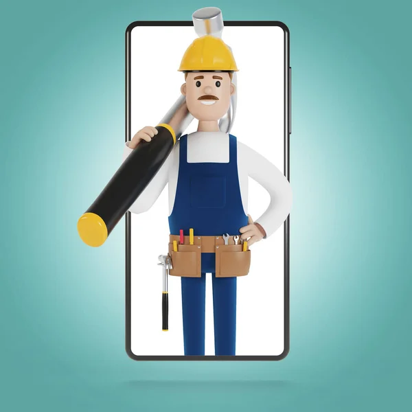 Handyman with a big hammer in the smartphone screen. Husband for an hour. Electrician, plumber, carpenter, calling the foreman to work. 3D illustration in cartoon style.