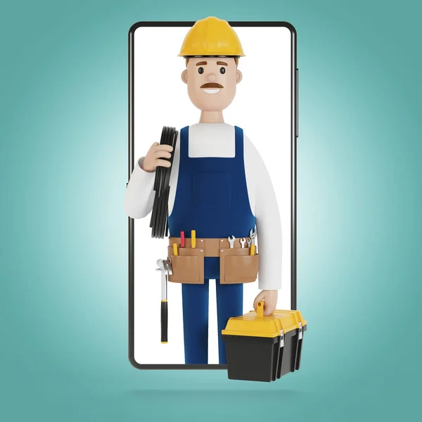 Electrician builder at the smartphone screen. Husband for an hour. Electrician, plumber, carpenter, calling the foreman to work. 3D illustration in cartoon style.