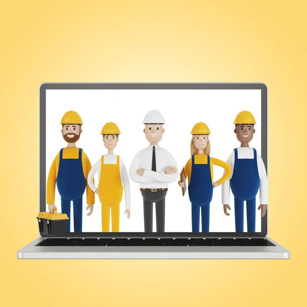 A team of builders at the laptop screen. Husband for an hour. An electrician, plumber, carpenter calls the foreman to work. 3D illustration in cartoon style.