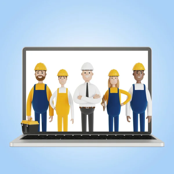A team of builders at the laptop screen. Husband for an hour. An electrician, plumber, carpenter calls the foreman to work. 3D illustration in cartoon style.