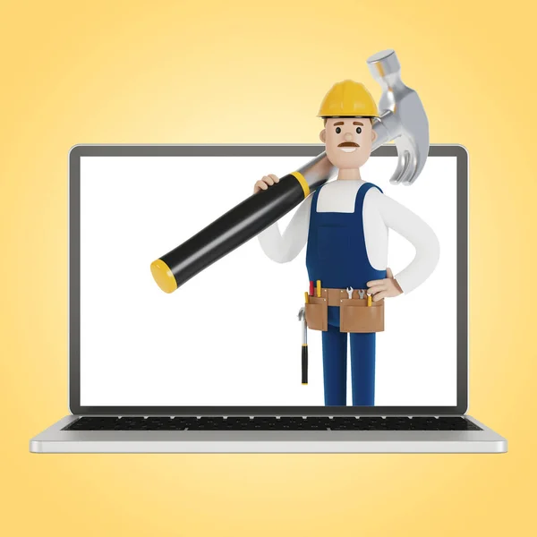 Handyman Big Hammer Laptop Screen Husband Hour Electrician Plumber Carpenter — Stock Photo, Image