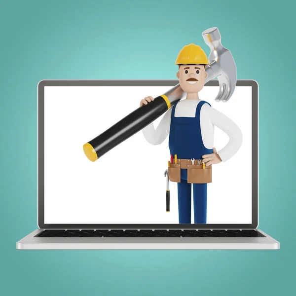 Handyman with a big hammer in the laptop screen. Husband for an hour. An electrician, plumber, carpenter calls the foreman to work. 3D illustration in cartoon style.