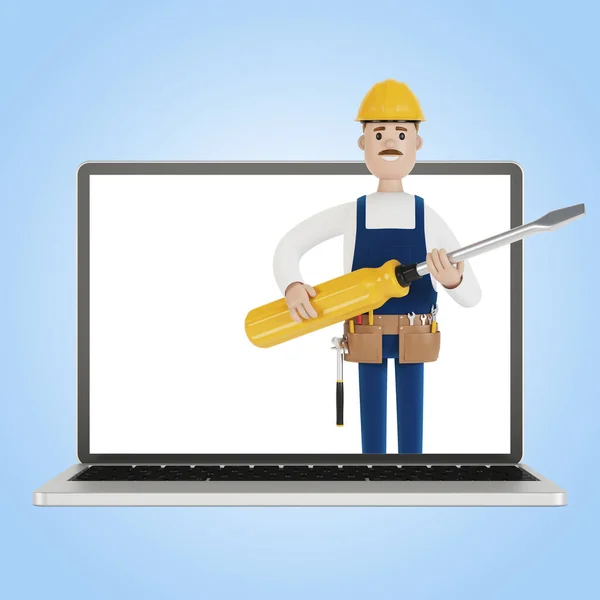 Electrician Builder Big Screwdriver Laptop Screen Husband Hour Electrician Plumber — Stock Photo, Image