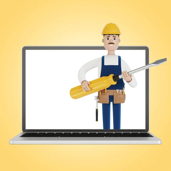 Electrician builder with a big screwdriver in the laptop screen. Husband for an hour. An electrician, plumber, carpenter calls the foreman to work. 3D illustration in cartoon style.