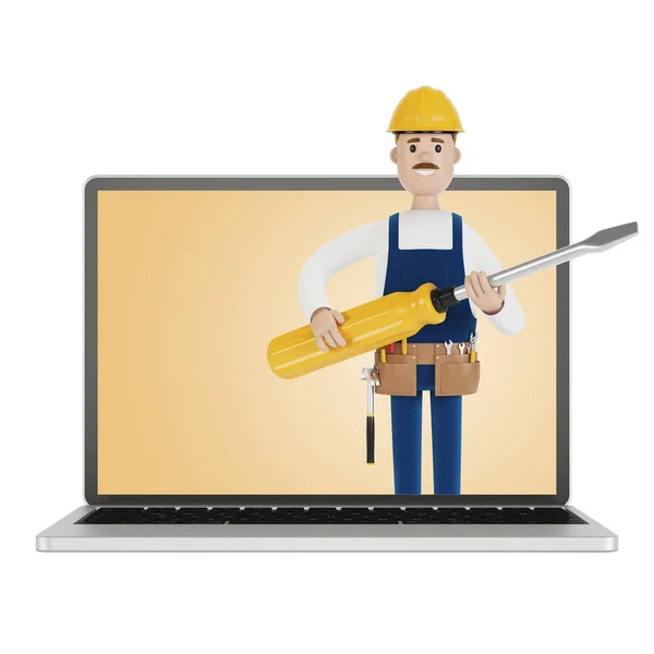 Electrician Builder Big Screwdriver Laptop Screen Husband Hour Electrician Plumber — Stock Photo, Image