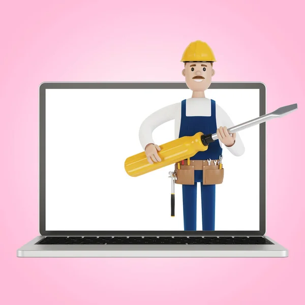 Electrician Builder Big Screwdriver Laptop Screen Husband Hour Electrician Plumber — Stock Photo, Image