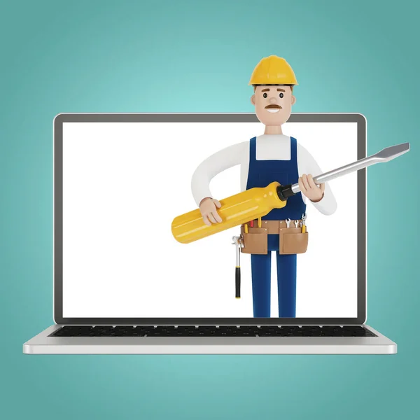 Electrician builder with a big screwdriver in the laptop screen. Husband for an hour. An electrician, plumber, carpenter calls the foreman to work. 3D illustration in cartoon style.