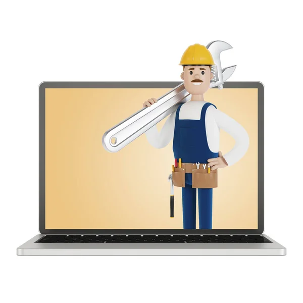 Plumber Builder Large Wrench Laptop Screen Husband Hour Electrician Plumber — Stock Photo, Image