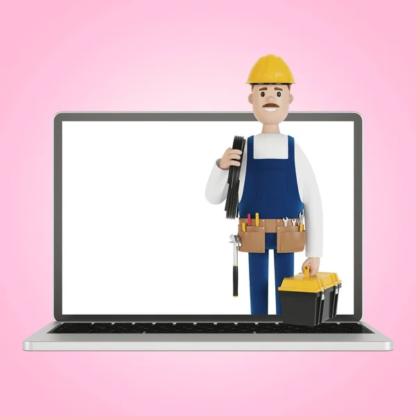 Electrician Builder Laptop Screen Husband Hour Electrician Plumber Carpenter Calls — Stock Photo, Image