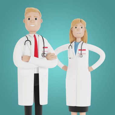 Kadın ve erkek doktorlar. Çizgi film tarzında 3B illüstrasyon.