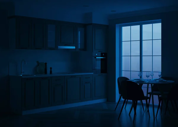 Interior Cocina Moderna Buenas Noches Iluminación Nocturna Renderizado —  Fotos de Stock