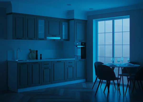 Cucina Moderna Interna Buonanotte Illuminazione Serale Rendering — Foto Stock