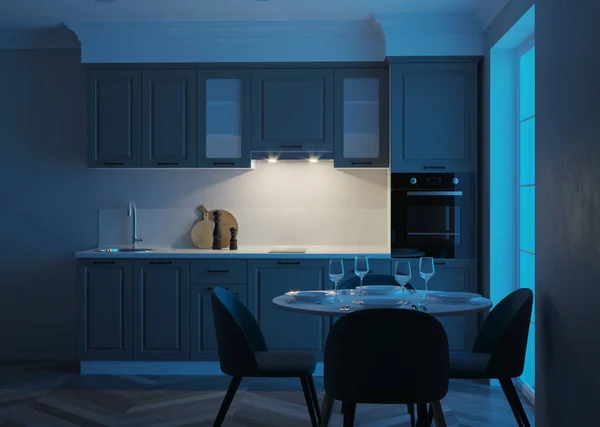Interior Cozinha Moderna Boa Noite Iluminação Nocturna Renderização — Fotografia de Stock