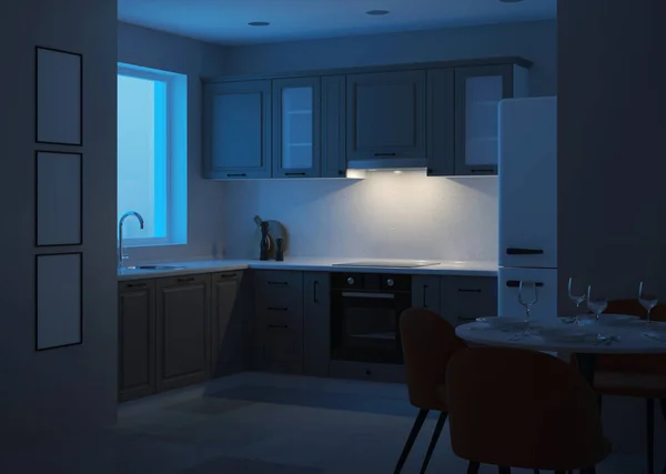 Modern Kitchen Interior Night Evening Lighting Rendering — Stock Photo, Image