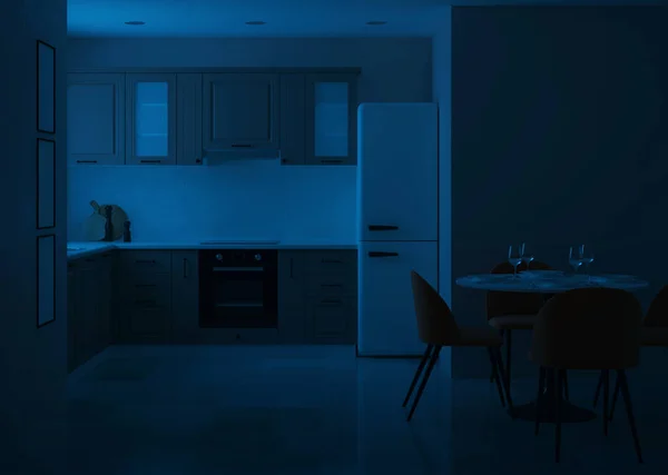 Cucina Moderna Interna Buonanotte Illuminazione Serale Rendering — Foto Stock