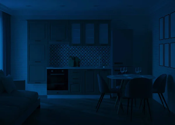 现代厨房的内部 晚安夜光 3D渲染 — 图库照片