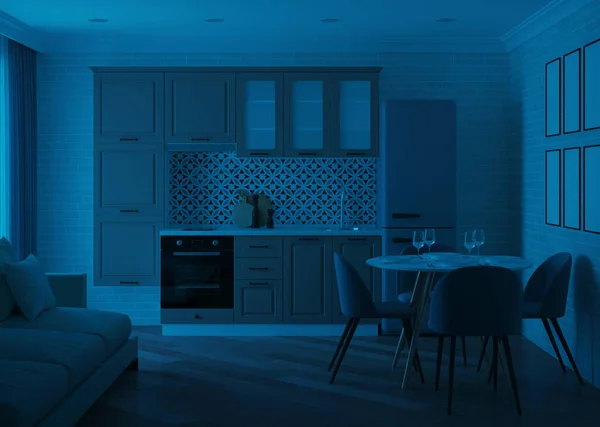 Nowoczesne Wnętrze Kuchni Dobranoc Wieczorne Światło Renderowanie — Zdjęcie stockowe