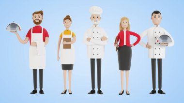 Restoran personeli: şef, aşçı, müdür yardımcısı, garson. Üniformalı yemek firması çalışanları. Çizgi film tarzında 3B illüstrasyon.