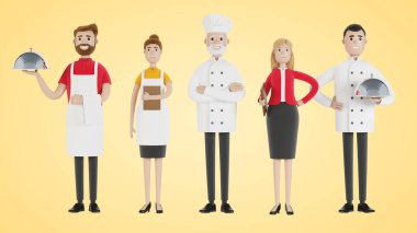 Restoran personeli: şef, aşçı, müdür yardımcısı, garson. Üniformalı yemek firması çalışanları. Çizgi film tarzında 3B illüstrasyon.