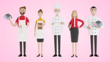 Restoran personeli: şef, aşçı, müdür yardımcısı, garson. Üniformalı yemek firması çalışanları. Çizgi film tarzında 3B illüstrasyon.