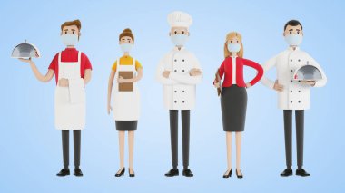 Restoran personeli: şef, aşçı, müdür yardımcısı, garson. Üniformalı yemek firması çalışanları. Çizgi film tarzında 3B illüstrasyon.