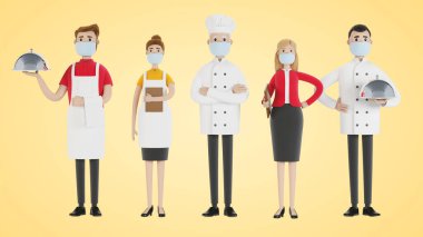 Restoran personeli: şef, aşçı, müdür yardımcısı, garson. Üniformalı yemek firması çalışanları. Çizgi film tarzında 3B illüstrasyon.