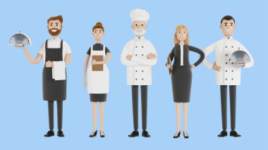 Restoran personeli: şef, aşçı, müdür yardımcısı, garson. Üniformalı yemek firması çalışanları. Çizgi film tarzında 3B illüstrasyon.