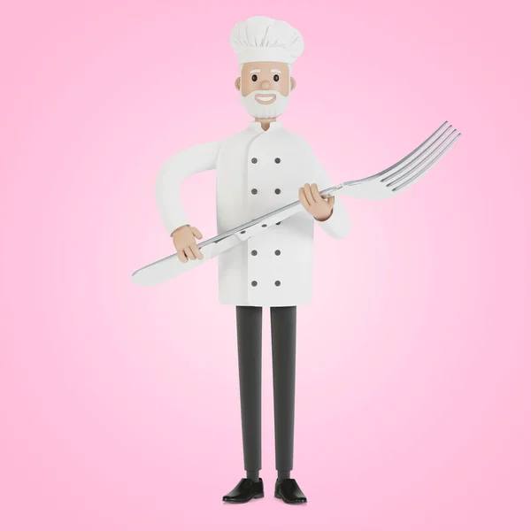 Chef Con Tenedor Grande Ilustración Estilo Dibujos Animados — Foto de Stock