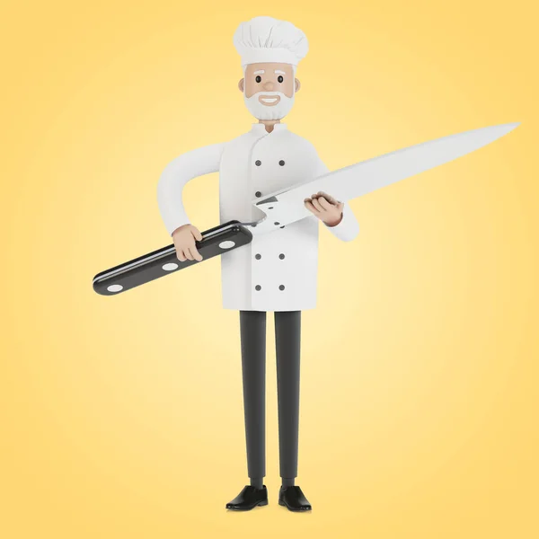 Chef Avec Grand Couteau Illustration Dans Style Dessin Animé — Photo