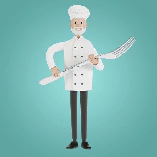 Chef Con Tenedor Grande Ilustración Estilo Dibujos Animados — Foto de Stock